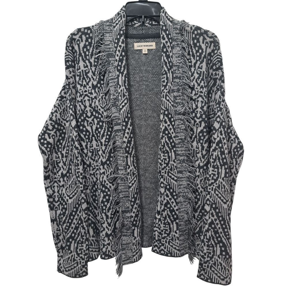 Lucky Brand Shawl Collar Western Boho Open Front Cardigan Small Gray Multi NWT